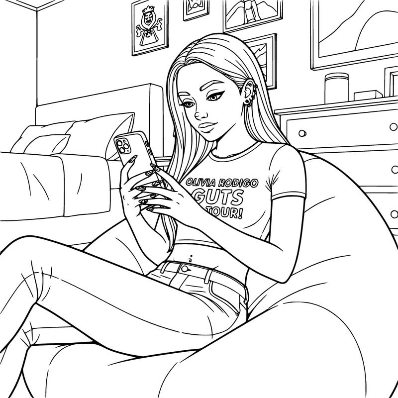 bedroom,  with teen girl sitting in a beanbag chair, phone, belly button piercing, lots of ear piercings, crop top that says olivia rodrigo guts tour! ,  nails, and long, smooth, hair