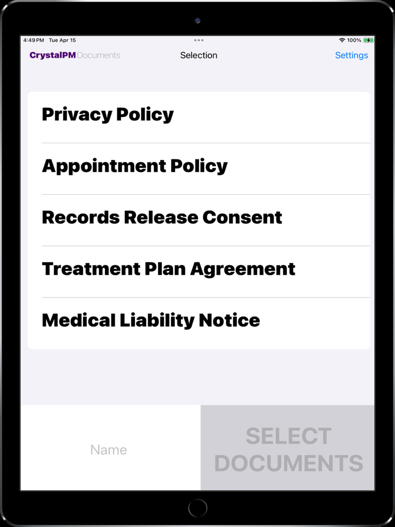 CrystalPM Signature Capture - CrystalPM app interface showing a list of medical consent forms for patient signature