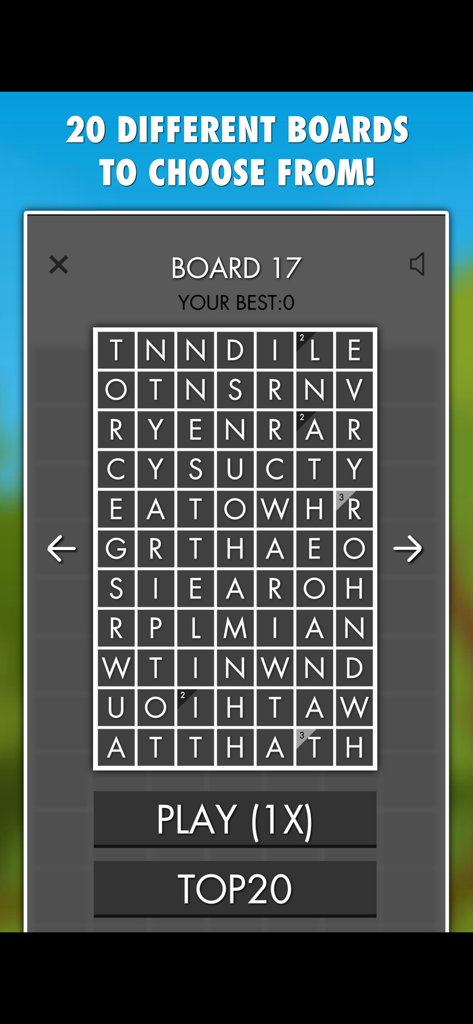 Word Search Champion PRO - Word Search Champion PRO interface showing a puzzle board selection screen with a grid of letters