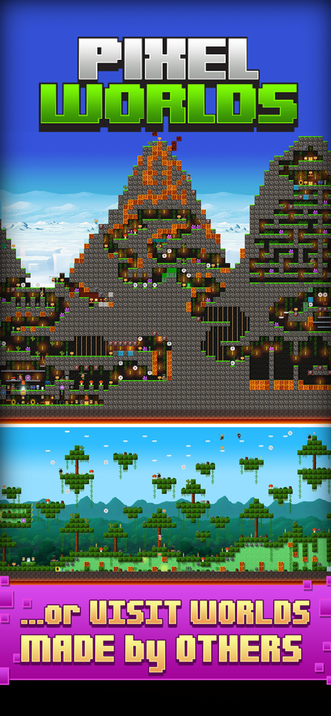 Pixel Worlds: MMO Sandbox - A screenshot of Pixel Worlds showing two different player created environments including a complex mountain maze and a green forest with floating islands