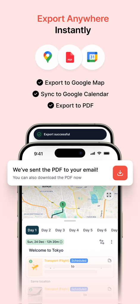 Holicay - Holicay app screen showing export options to Google Maps, Google Calendar, and PDF for travel itineraries.