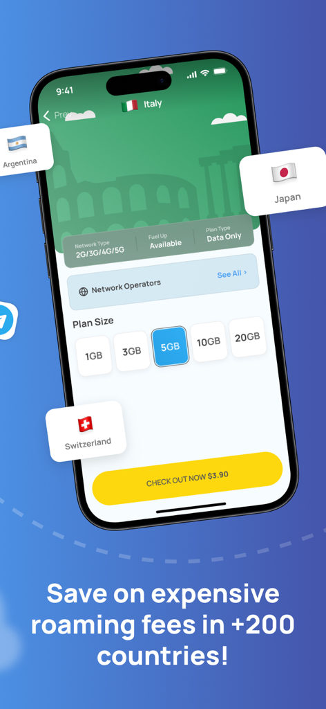 eSIMo mobile app interface showing travel data plans for Italy and other countries.