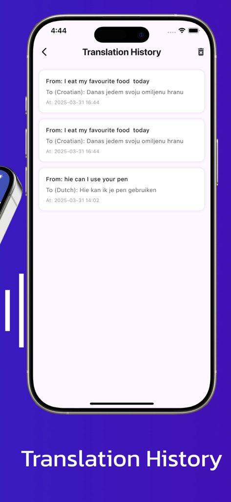 Mobile interface of the TranslateMate AI app showing the translation history screen with saved text entries in Croatian and Dutch.