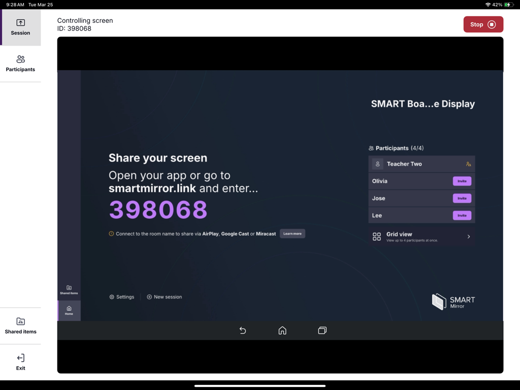 SMART Mirror app interface for tablets showing a screen sharing connection code and a list of session participants
