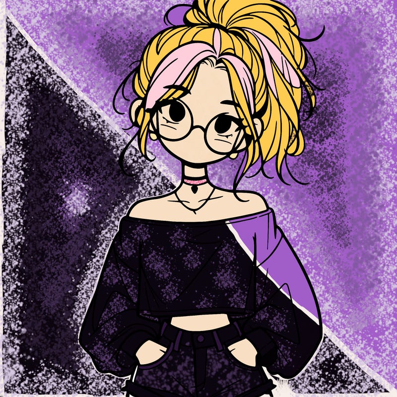 girl with a messy ponytail glasses a baggy crop top and jean shorts