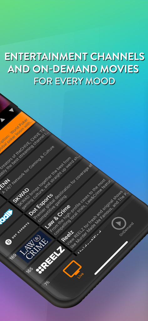 DistroTV - Live TV & Movies - Interfaz de la aplicación DistroTV que muestra listas de canales de entretenimiento y deportes en vivo.