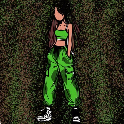 girl in baggy pants crop top and long hair