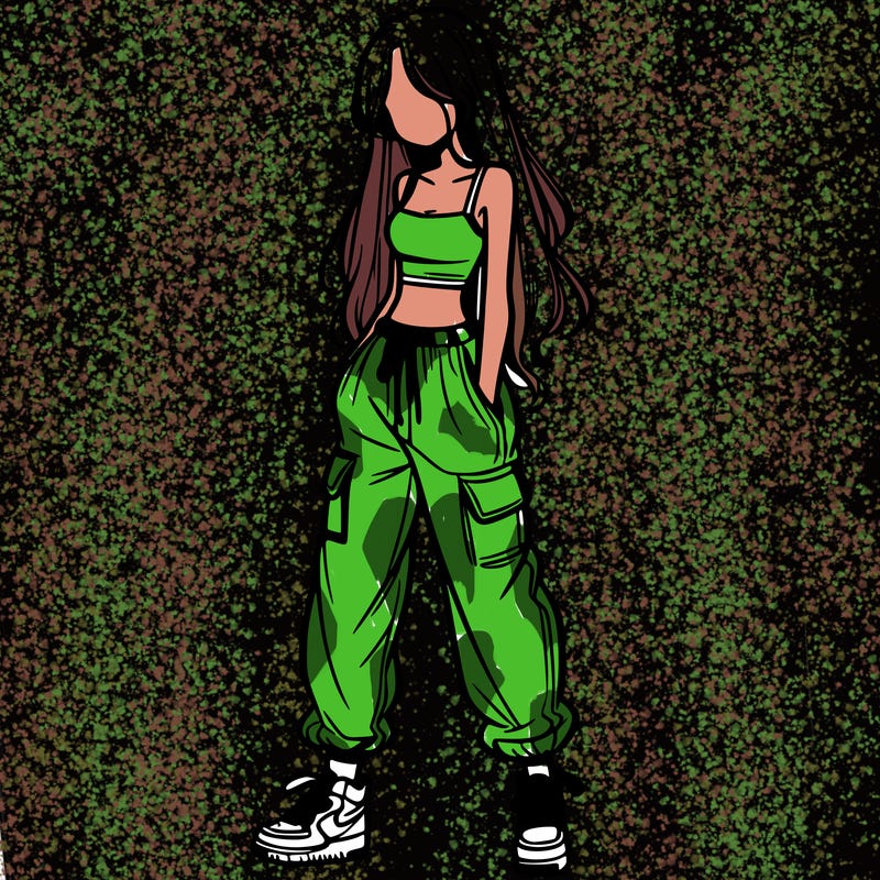 girl in baggy pants crop top and long hair