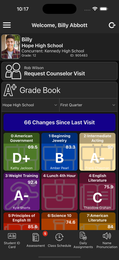 StudentVUE (New) - Interfaccia dell'app mobile di StudentVUE che mostra una dashboard del registro voti con i voti dei corsi e un pulsante per richiedere il consulente