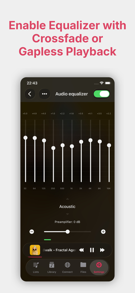 Interface do equalizador de áudio Evermusic Pro mostrando configurações de som manuais e opções de reprodução