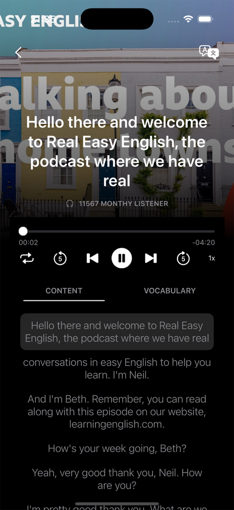 Learning English: Podcast - Mobile app interface showing a podcast player with a synchronized English lesson transcript