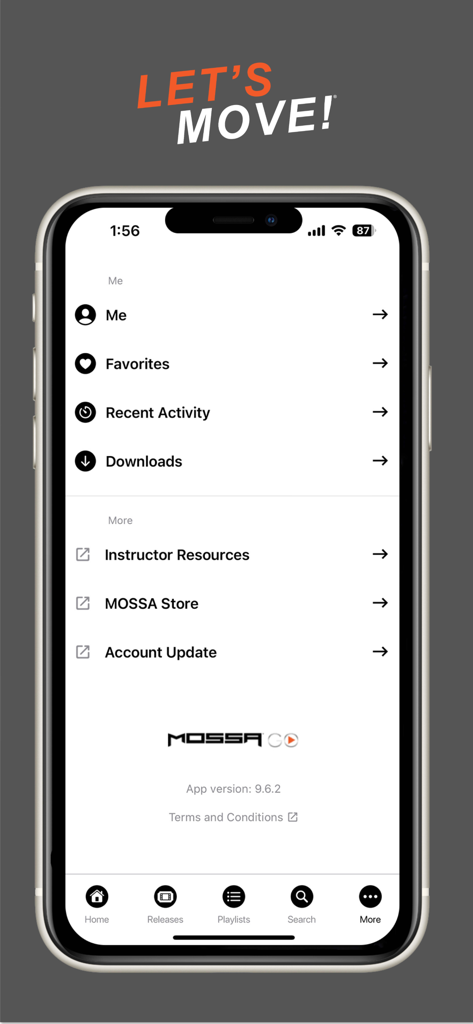 MOSSA GO - Interface of the MOSSA GO app showing the menu for instructor resources and downloads