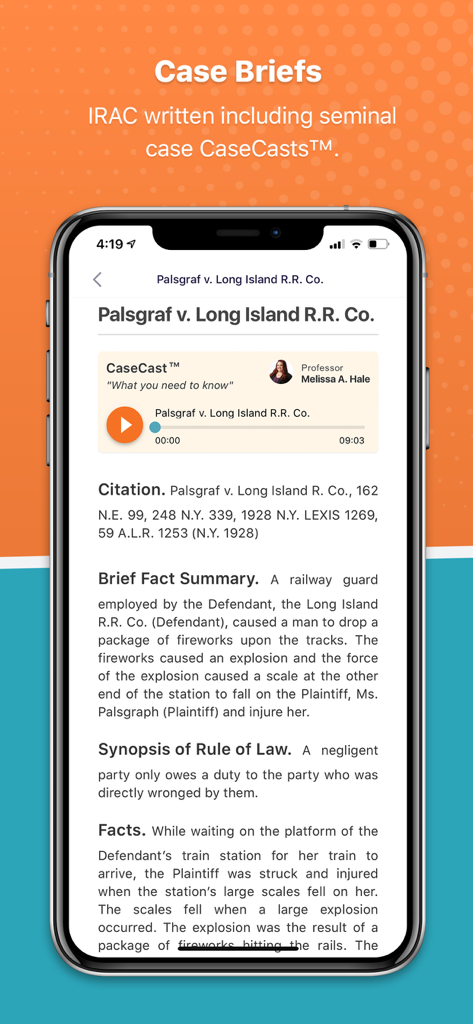 StudyBuddy Proアプリのインターフェースに、詳細なロースクールの判例概要とオーディオCaseCast機能が表示されています。