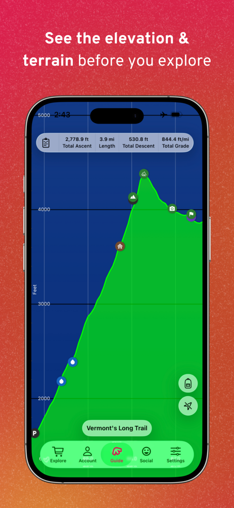 FarOut: Offline GPS Trail Maps - FarOut app displaying an elevation profile and terrain overview for Vermont's Long Trail