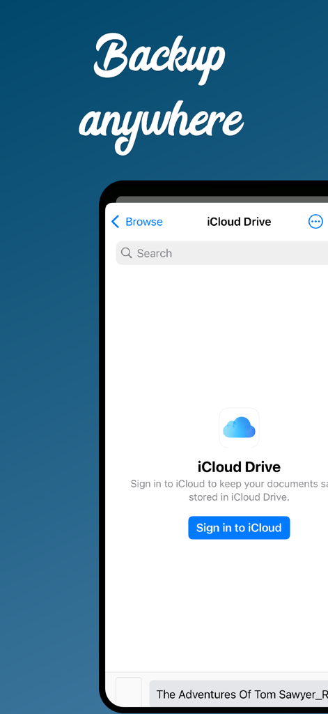 Novelist app screen showing iCloud Drive backup integration for novel projects