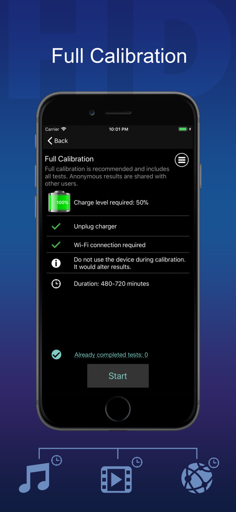 Battery HD+ Pro - Full calibration screen of the Battery HD Pro app showing battery test requirements and duration