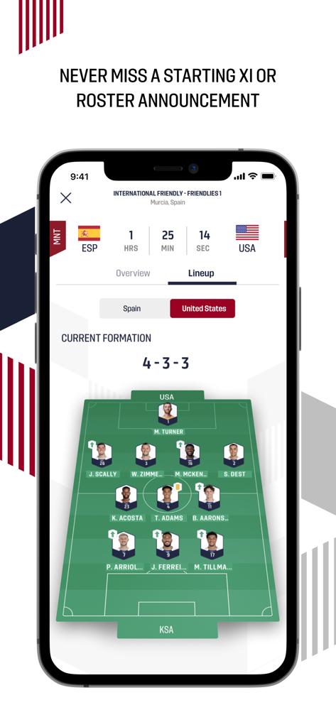 U.S. Soccer – Official App - The official U.S. Soccer app displaying a starting XI lineup and 4-3-3 match formation.
