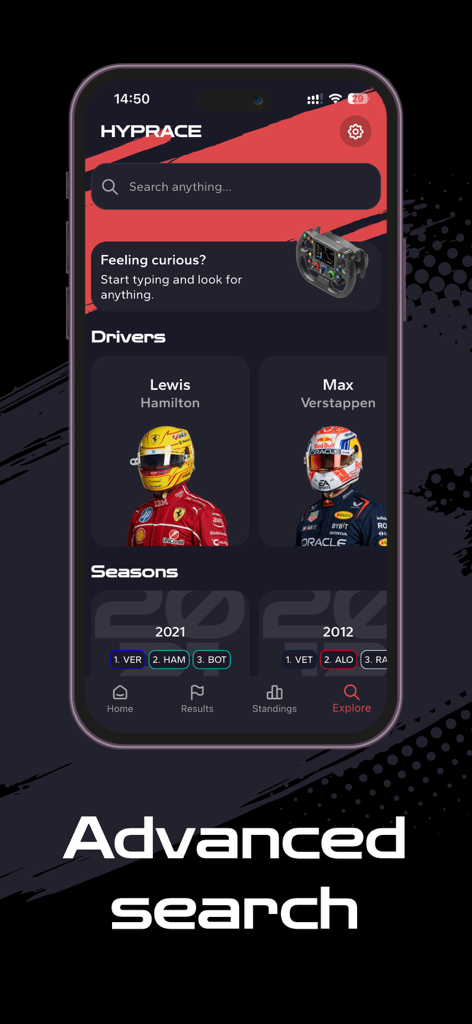 Hyprace - Hyprace App Suchbildschirm, der F1 Fahrerprofile für Lewis Hamilton und Max Verstappen mit historischen Saisondaten zeigt