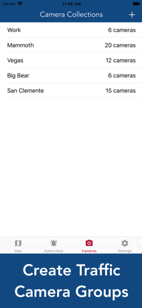 California 511 Road Conditions - A screen showing custom traffic camera collections for different routes in the California 511 app.