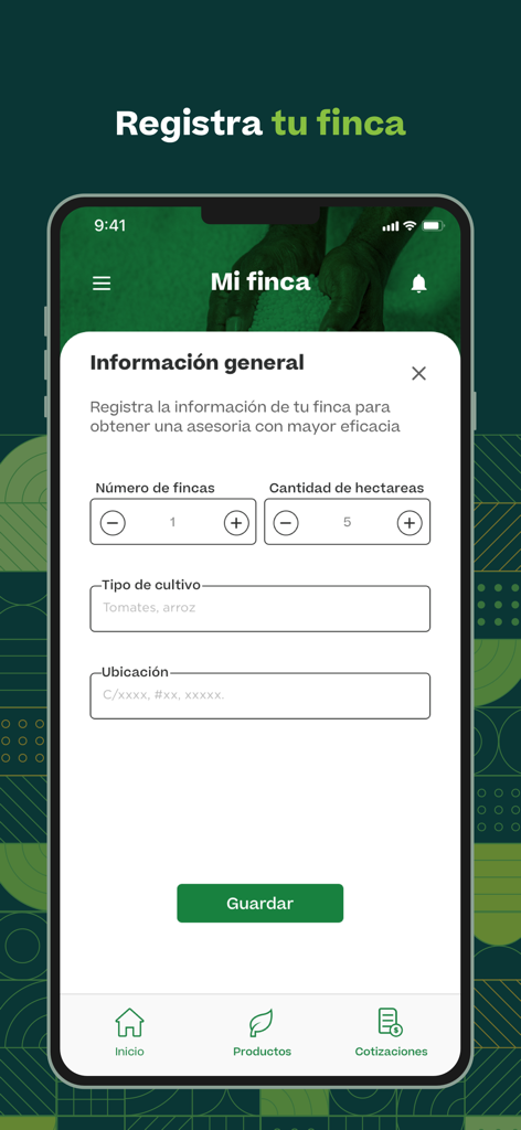 Abodom - A tela de registro da quinta do aplicativo Abodom mostrando campos para número de quintas, hectares e tipo de cultura.
