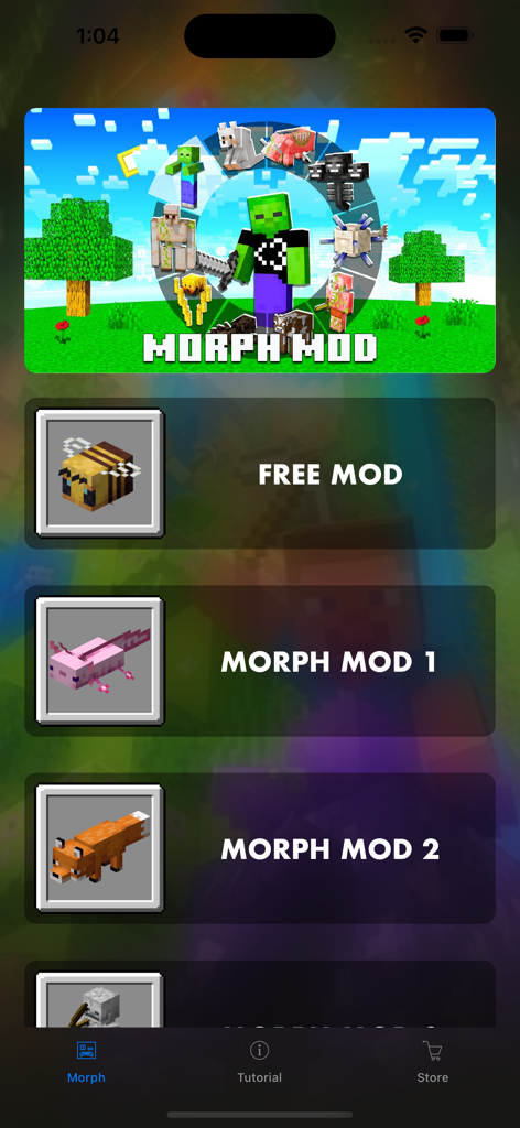 MCPE ADDONS - MORPH MODS • - Menu screen for Minecraft morph mods featuring bee axolotl and fox options