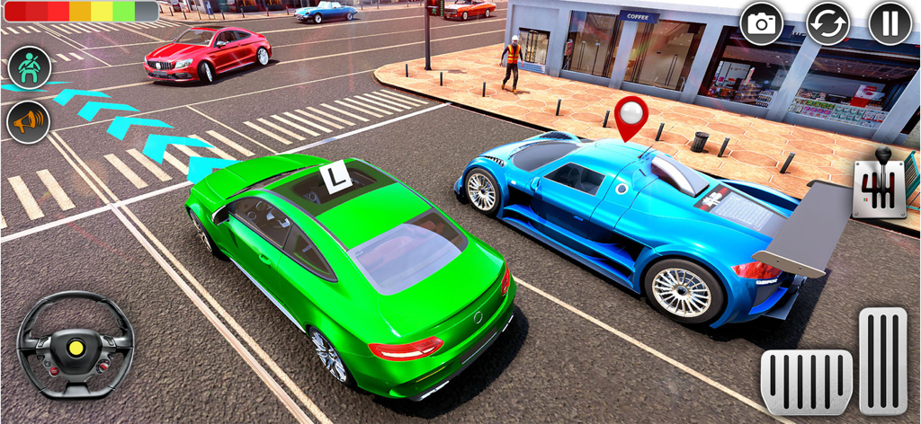 Car Driving School: Drive Test - Gameplay screen of Car Driving School simulator featuring a green car with a learner plate and city driving controls