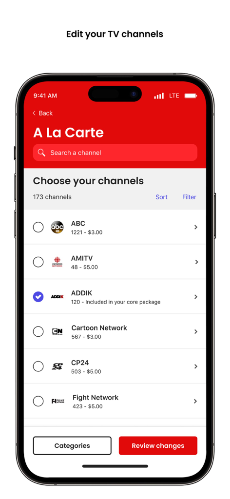 Interface do aplicativo Minha Conta Virgin Plus para selecionar canais de TV individuais avulsos.