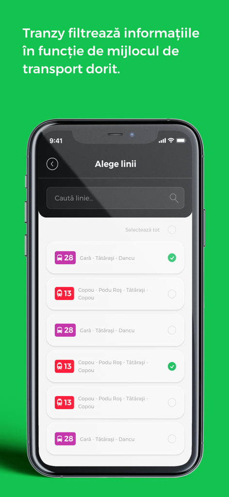 Tranzy - Capture d'écran de l'application Tranzy montrant une liste de lignes de transport à sélectionner et filtrer.