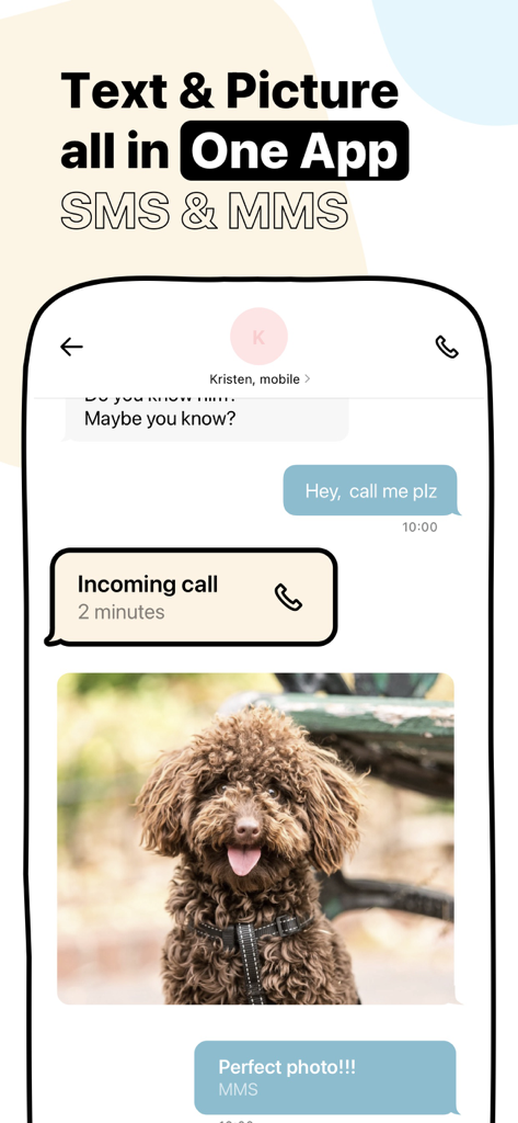 Text ON: Call Now Second Phone - Interfaz de la aplicación Text ON que muestra mensajes de texto y MMS para un segundo número de teléfono