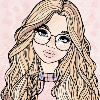 girl with long hair and freckles and glasses realistic