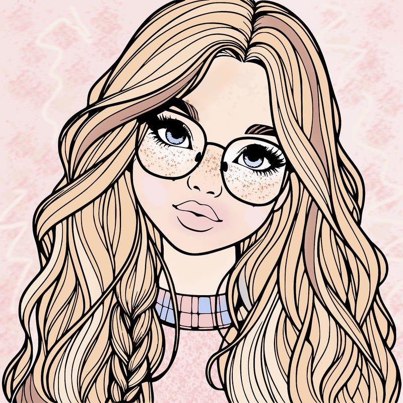 girl with long hair and freckles and glasses realistic