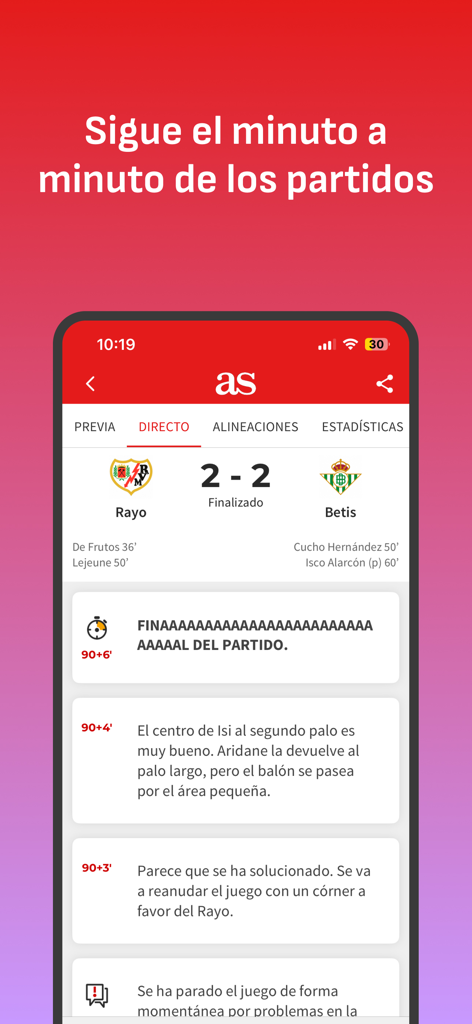 Actualizaciones y resultados de fútbol minuto a minuto en vivo en la aplicación móvil AS Sports news