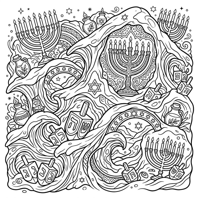 Discover a truly unique Hanukkah coloring experience where traditional symbols blend with the natural beauty of Sastrugi snow formations. This intricate design invites you to bring a festive winter wonderland to life with your favorite colors.