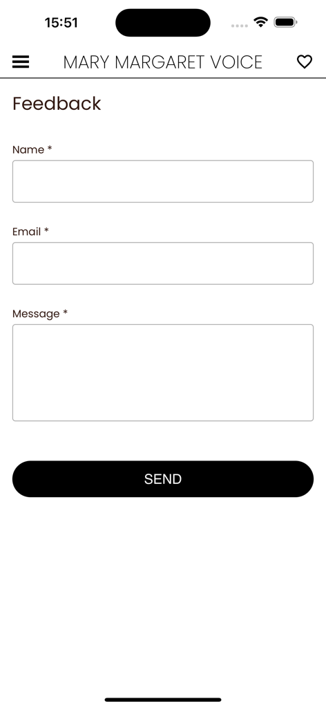 Mary Margaret Voice - Feedback form in the Mary Margaret Voice app with name, email, and message input fields and a send button.