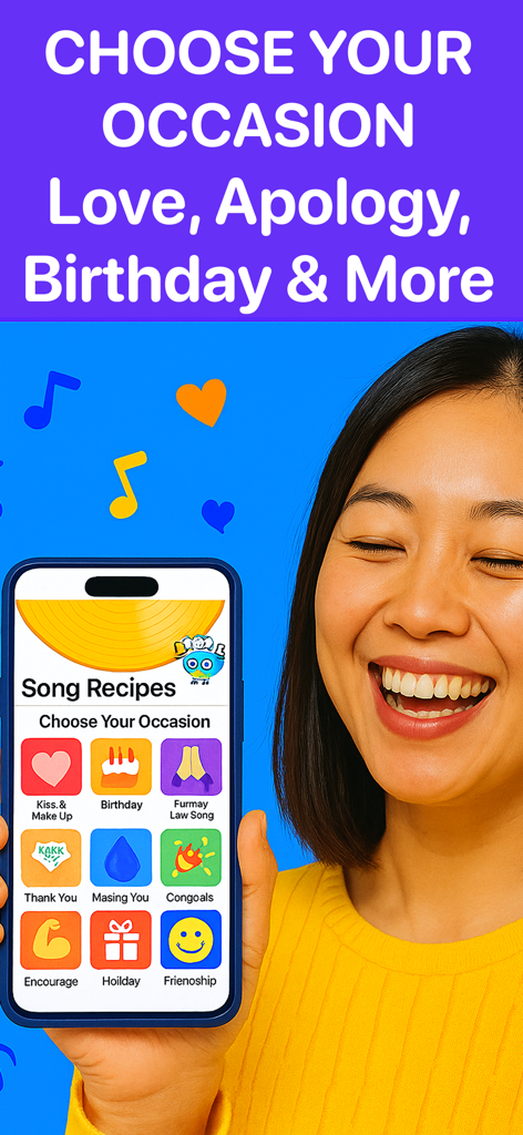 Song Chef - A woman holding a smartphone displaying the Song Chef app interface with various song occasion categories like birthday and love.