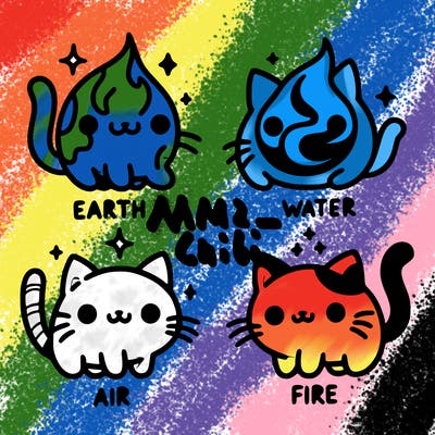 4 cats that represent the different elements, earth, water, air, and fire