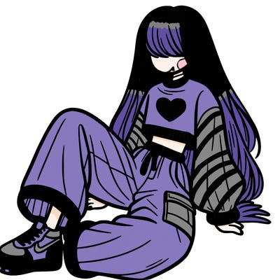 a girl with baggy pants and a crop top with long hair