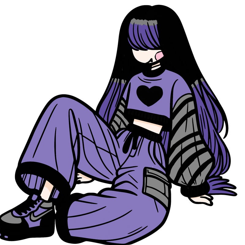 a girl with baggy pants and a crop top with long hair