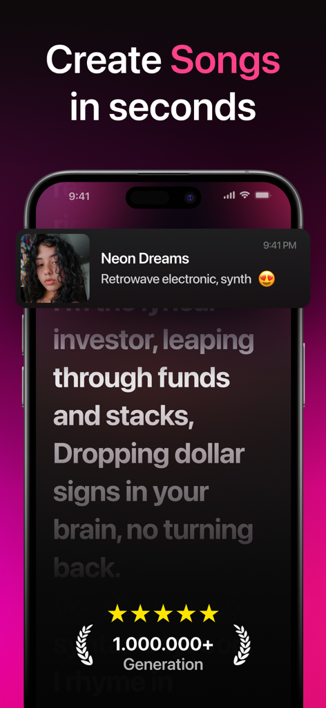 Interfaccia dell'app AI Music Generator che mostra il titolo Crea Canzoni in pochi secondi con una notifica per una traccia generata e un badge per oltre un milione di generazioni.