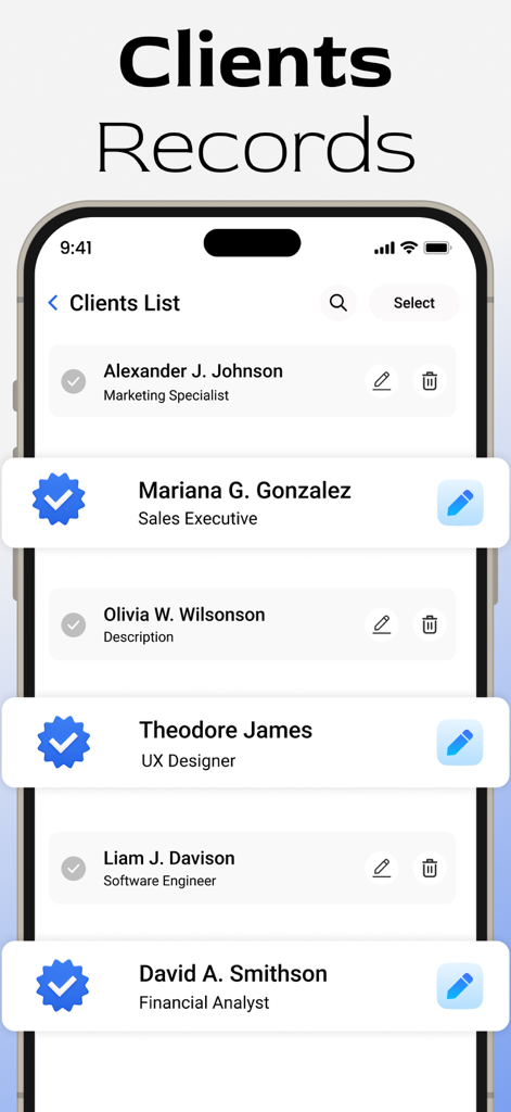 Client list screen showing customer names and professions in the invoice maker app