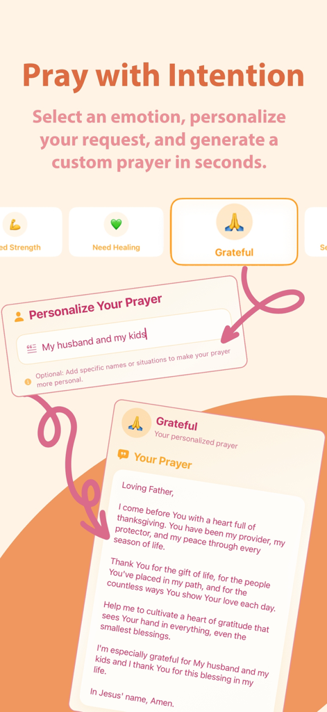 Verseful: Daily Bible & Prayer - A screen from Verseful app showing how to create a personalized prayer by selecting the Grateful emotion and adding specific family details.
