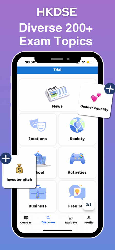 Sayo - Speak and Learn English - Sayo app Discover tab displaying various English conversation and exam topics like business and news