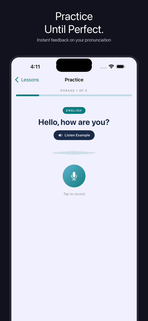 Pronounce English App - Pronounce English app practice interface with voice recording for the phrase Hello how are you