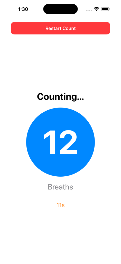 Respiratory rate counter app interface showing 12 breaths counted over 11 seconds