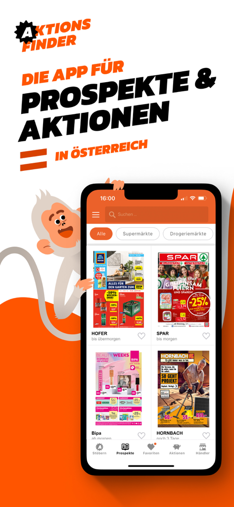 Aktionsfinder Austria - Offers - Smartphone screen showing the Aktionsfinder Austria app interface with digital brochures from retailers like Hofer and Spar.