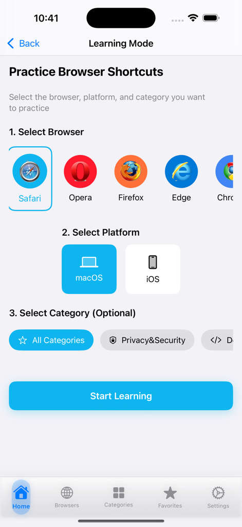 Lernmodus-Bildschirm in der Webbrowser-Tastenkombinationen-App zum Üben von Safari-Tastenkombinationen auf macOS.