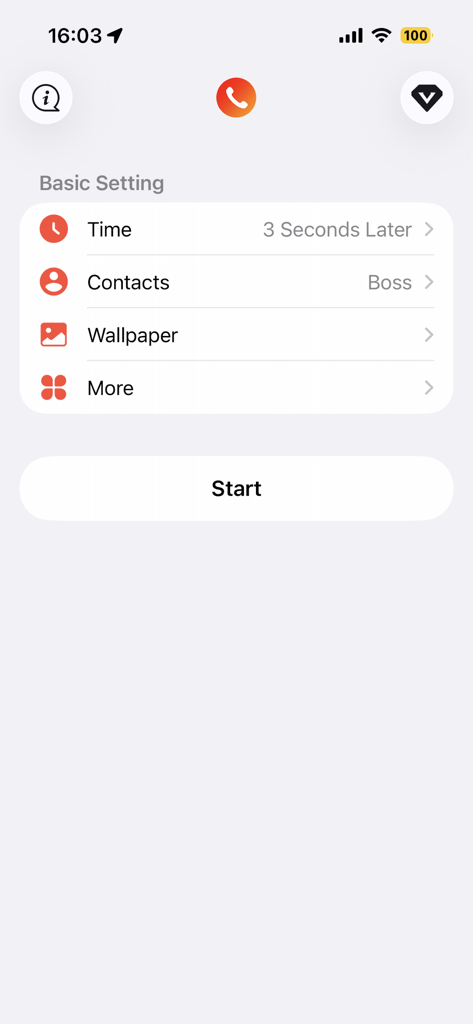 Call Simulator-Speech Practice - Basic settings screen in the Call Simulator app showing options for call time and contact names like Boss