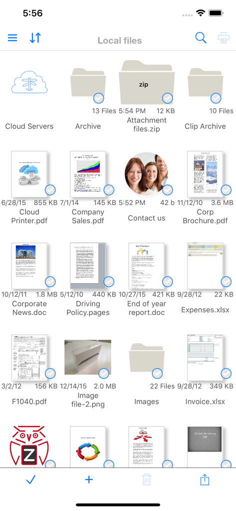 Interface do gerenciador de documentos do Print n Share Pro exibindo documentos e pastas