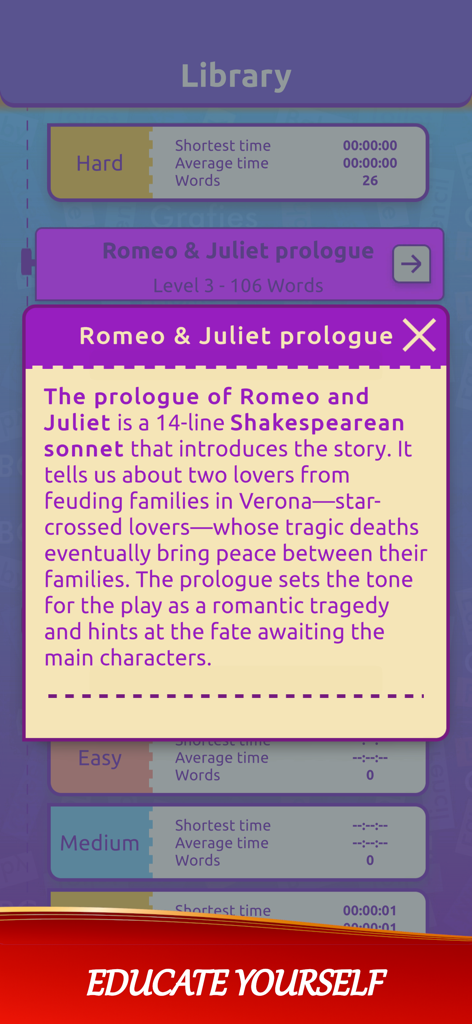 Une fenêtre pop-up dans l'application Mots Cachés affichant des faits éducatifs sur le prologue de Roméo et Juliette.