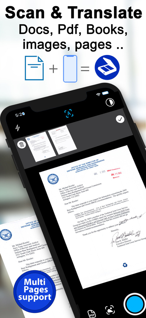 Scanner Translator ترجمه مترجم - Interfaz de la aplicación móvil mostrando funciones de escaneo y traducción de documentos multipágina